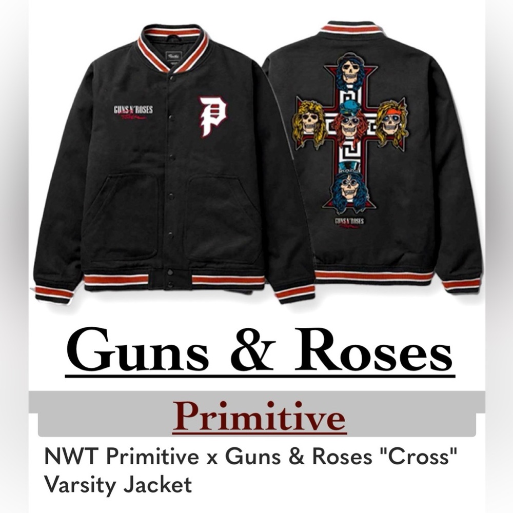 PRIMITIVE NWT 
x Guns & Roses "Cross" Varsity Jacket
Size: Small